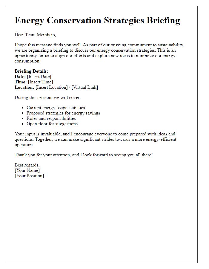 Letter template of energy conservation strategies briefing for team members