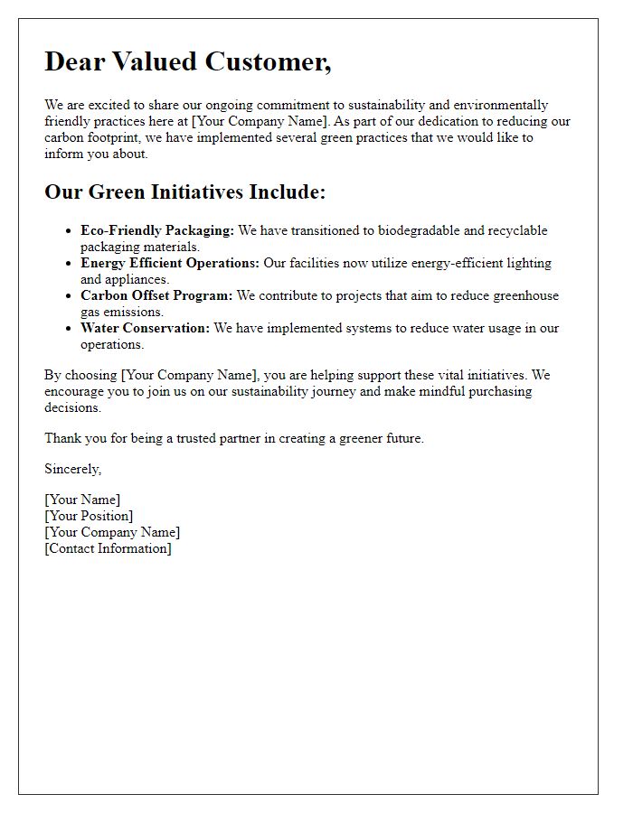 Letter template of green practices implementation for customers