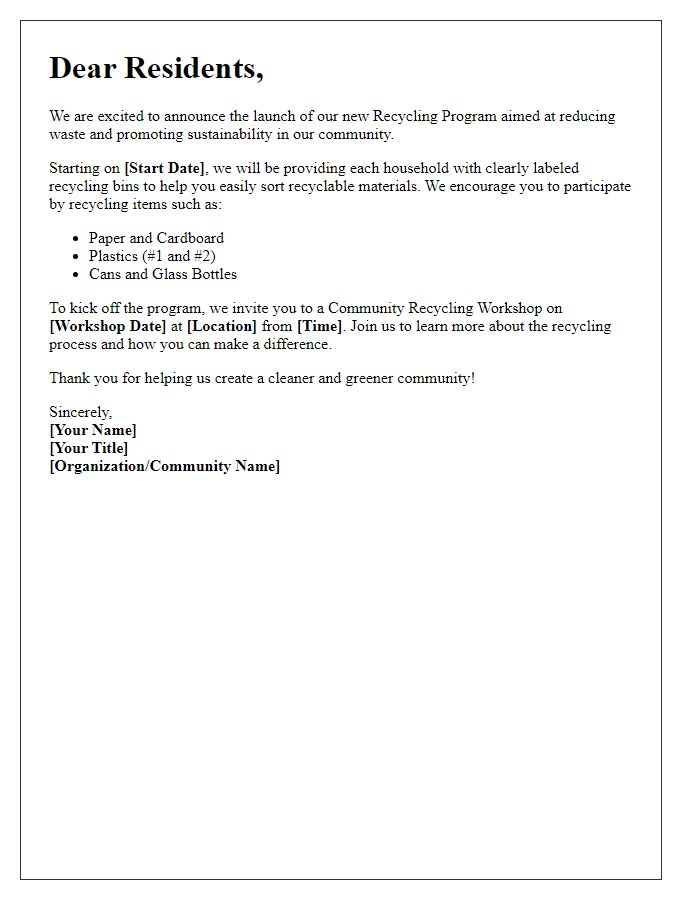 Letter template of recycling program launch for residents