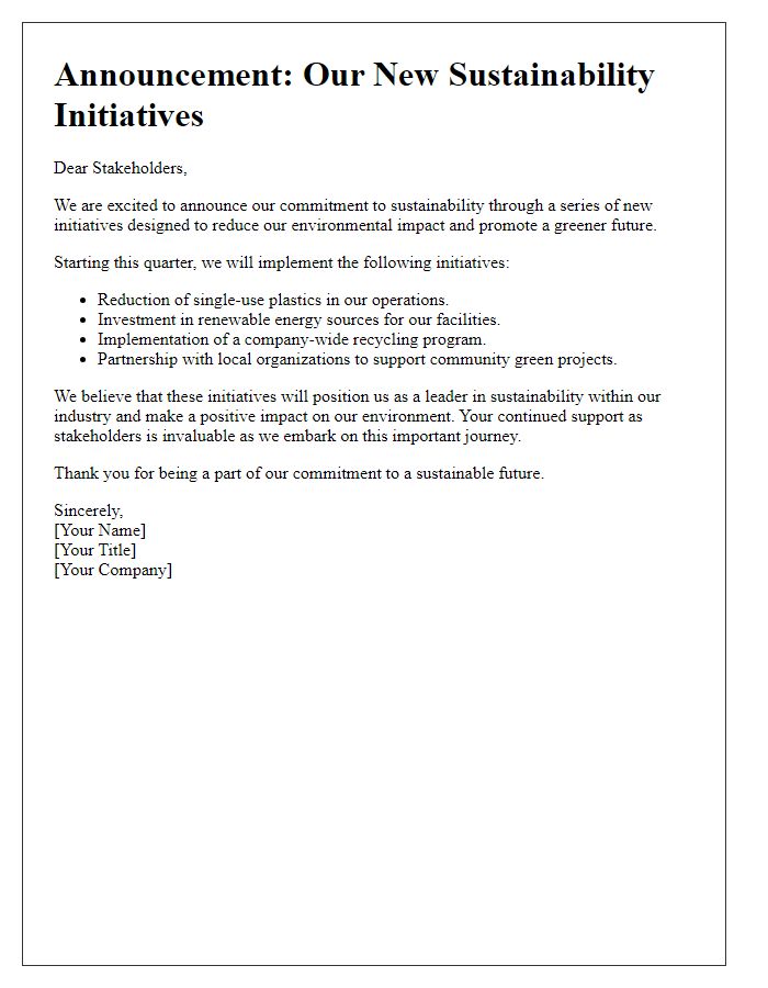 Letter template of sustainability initiatives announcement to stakeholders