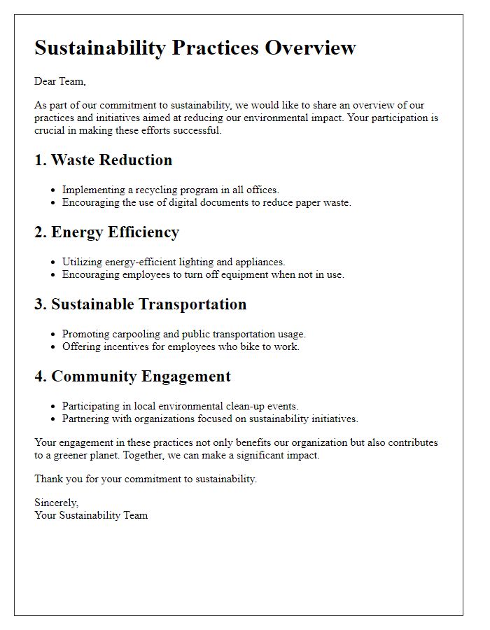 Letter template of sustainability practices overview for employees