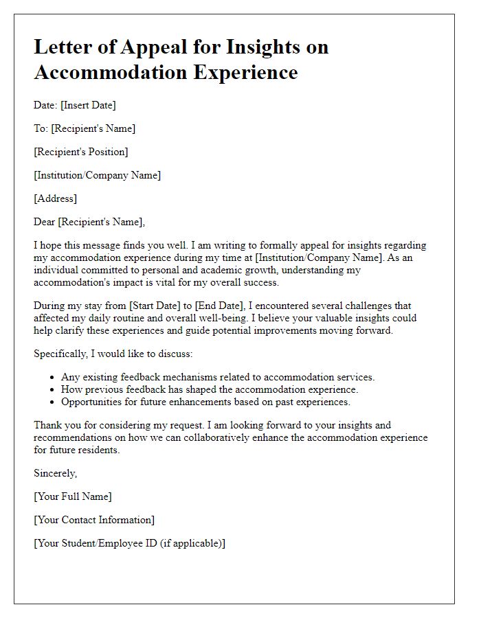 Letter template of appeal for insights on your accommodation experience.