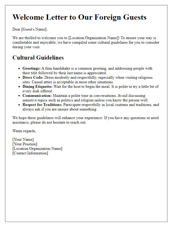 Letter template of cultural guidelines for foreign guests