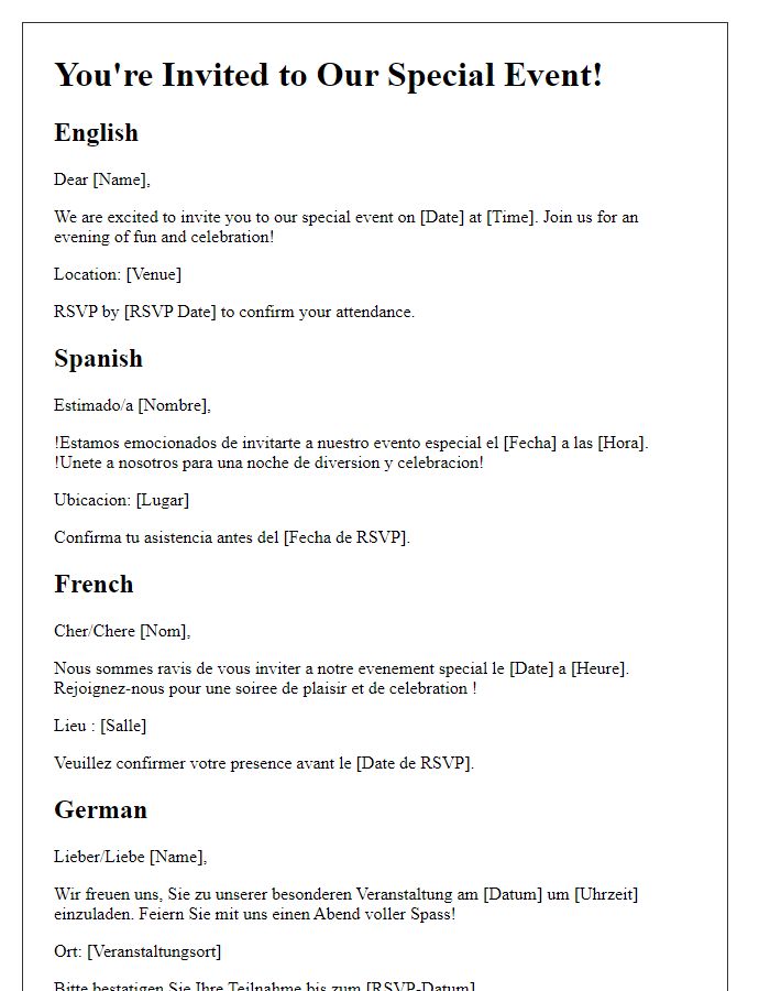 Letter template of event invitation in multiple languages