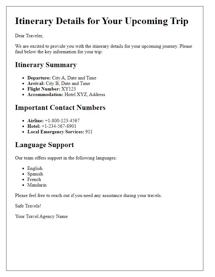 Letter template of itinerary details for multilingual travelers