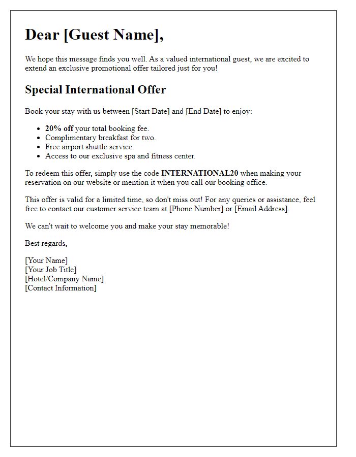 Letter template of promotional offers for international guests