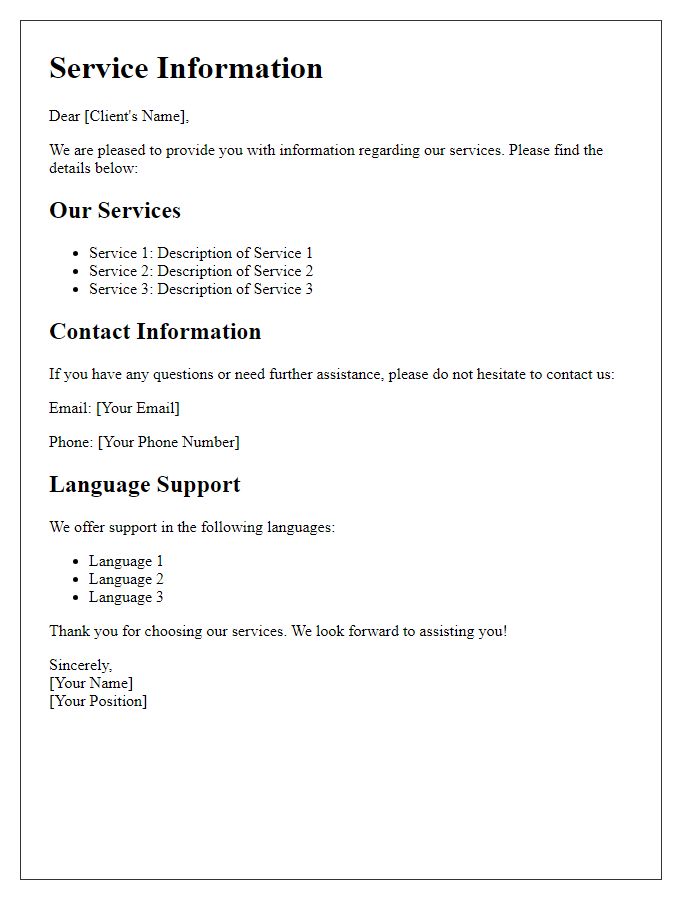 Letter template of service information for multilingual clients