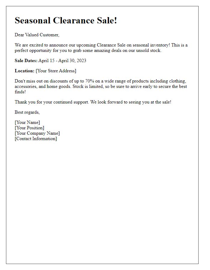 Letter template of clearance sale for seasonal inventory