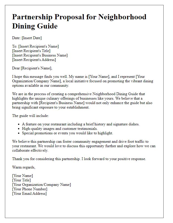 Letter template of a neighborhood dining guide partnership suggestion.