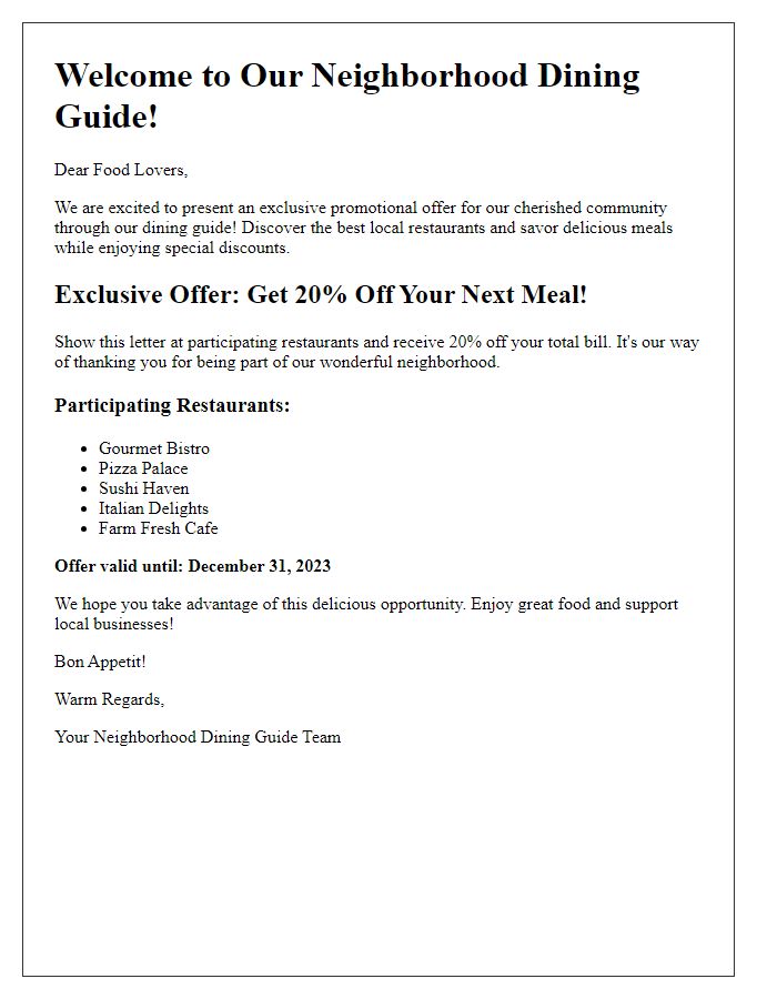 Letter template of a neighborhood dining guide promotional offer.