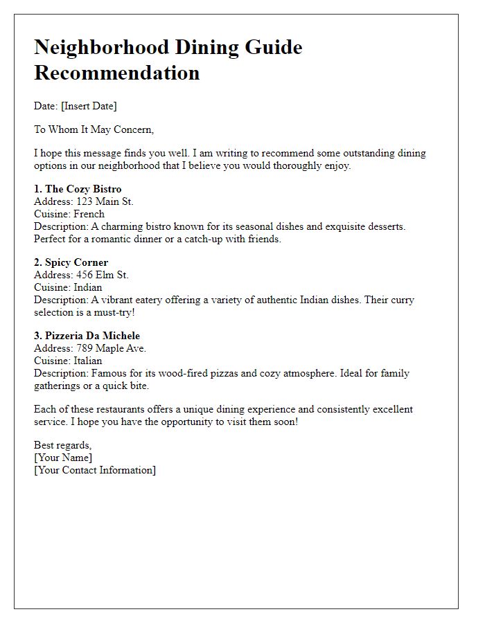 Letter template of a neighborhood dining guide recommendation.