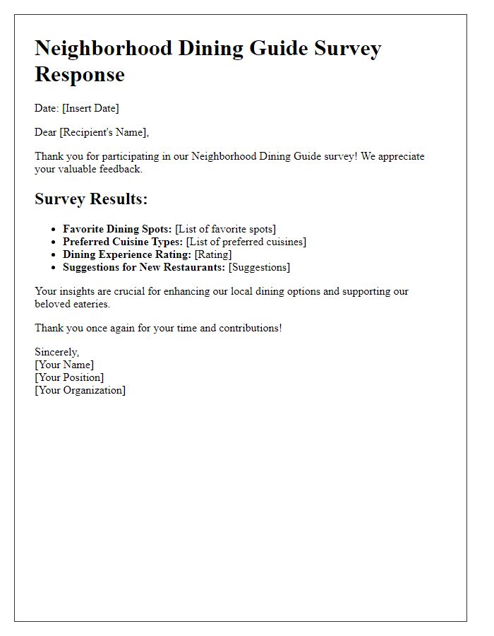 Letter template of a neighborhood dining guide survey response.