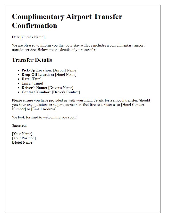 Letter template of complimentary airport transfer