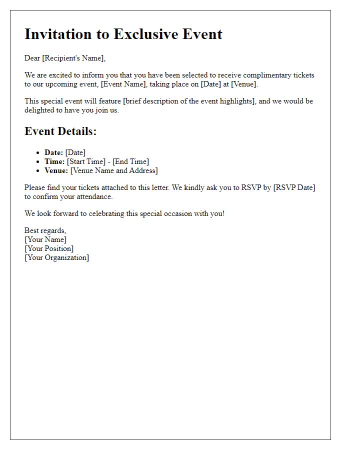 Letter template of complimentary event tickets