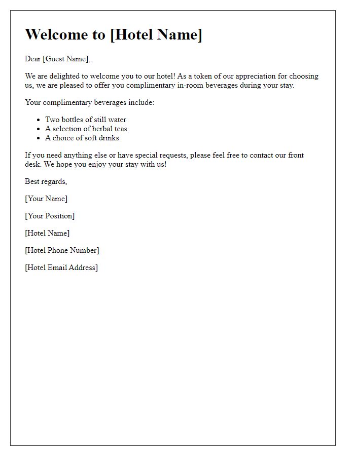 Letter template of complimentary in-room beverages