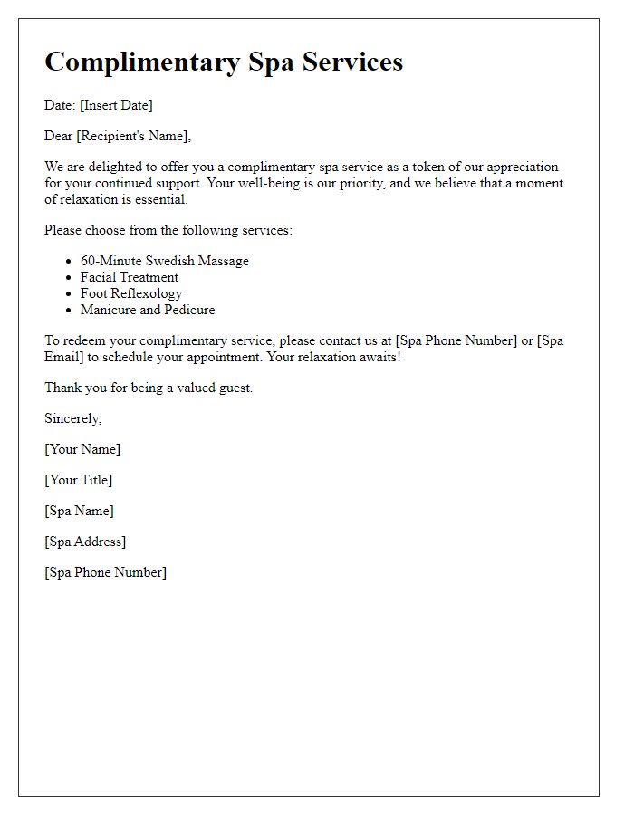 Letter template of complimentary spa services