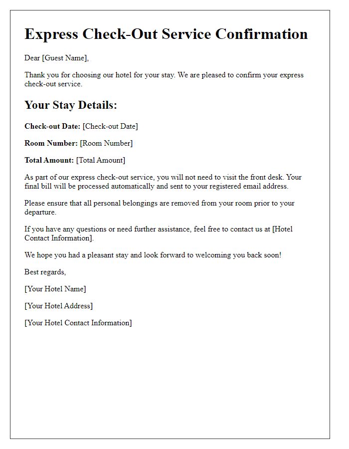 Letter template of express check-out service confirmation