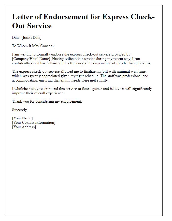 Letter template of express check-out service endorsement