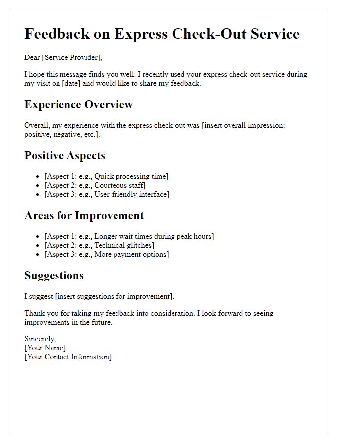 Letter template of express check-out service feedback