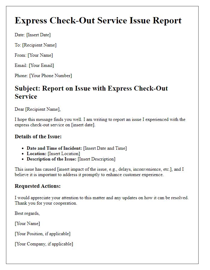 Letter template of express check-out service issue report