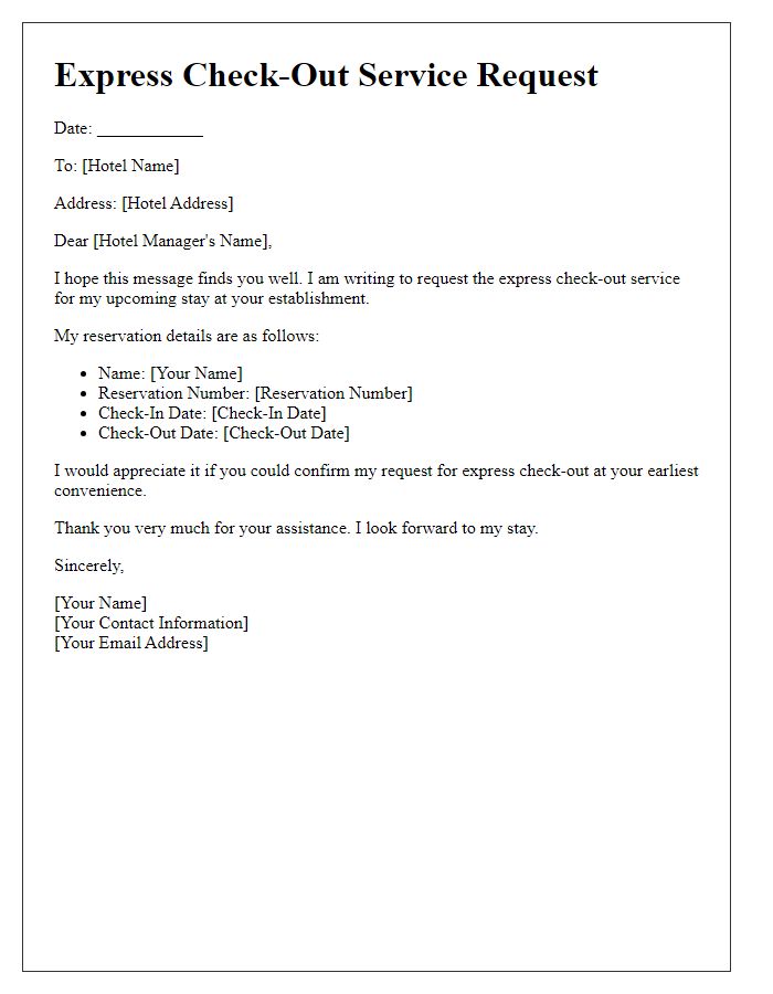 Letter template of express check-out service request