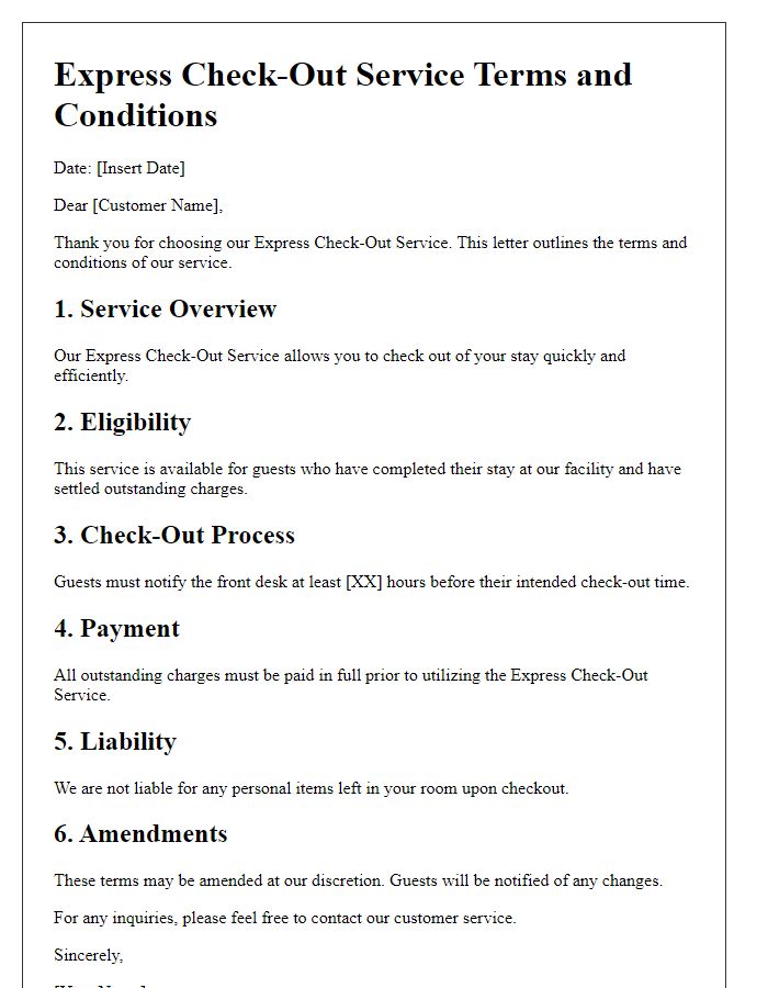 Letter template of express check-out service terms and conditions