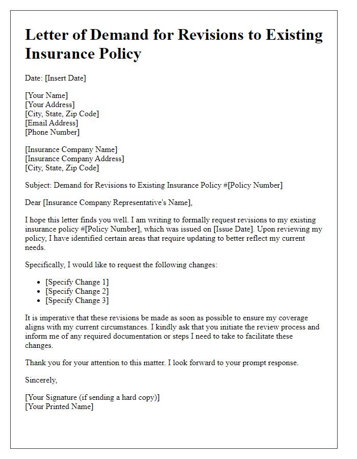 Letter template of demand for revisions to existing insurance policy