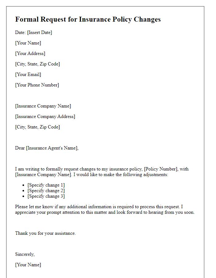 Letter template of formal request for insurance policy changes