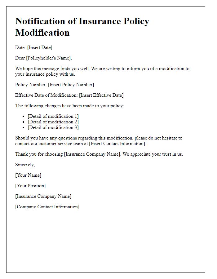 Letter template of notification for insurance policy modification