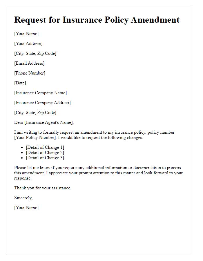 Letter template of request for insurance policy amendment