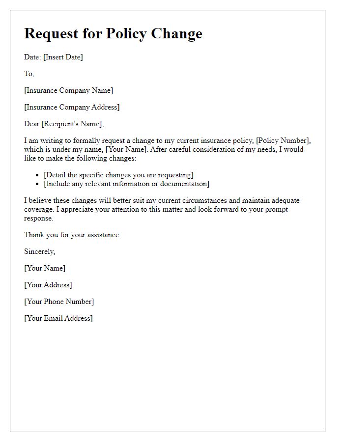 Letter template of submission for policy change request in insurance