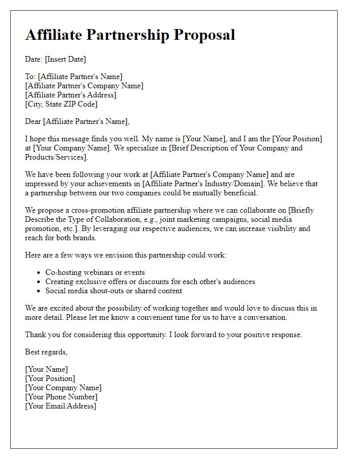 Letter template of affiliate partnership proposal for cross-promotion