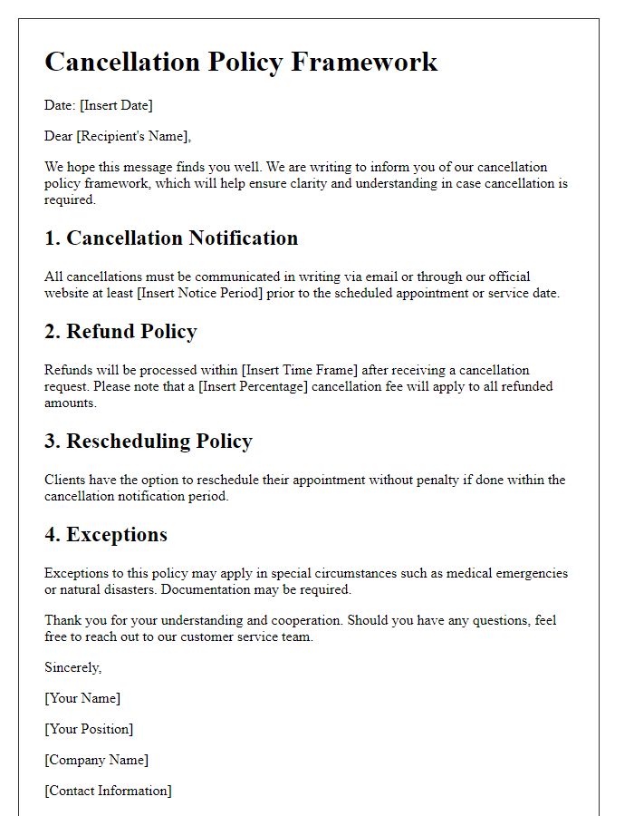 Letter template of cancellation policy framework