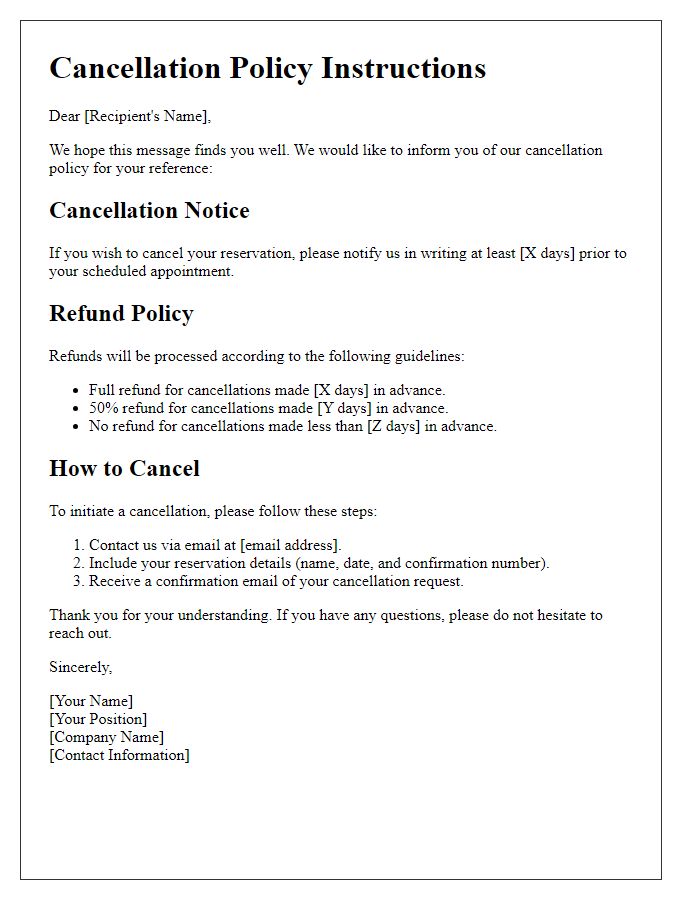 Letter template of cancellation policy instructions