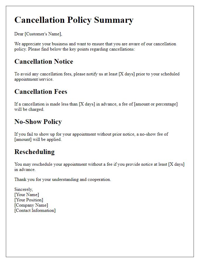 Letter template of cancellation policy summary