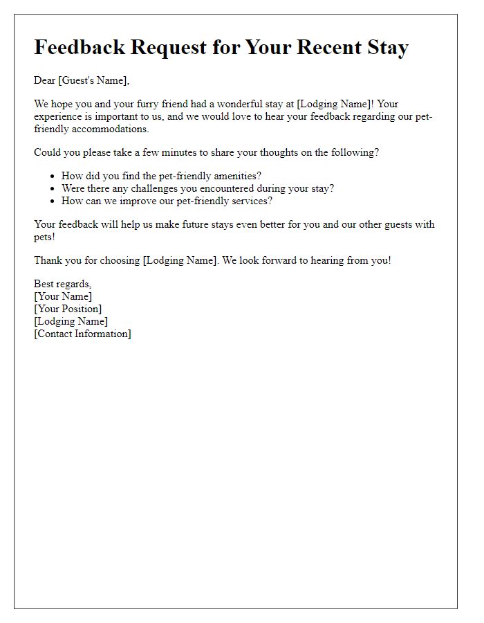 Letter template of a feedback request for pet-friendly lodging experience