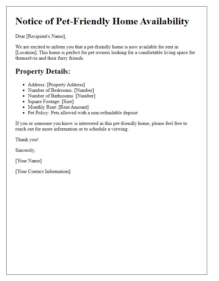 Letter template of a notice for pet-friendly home availability