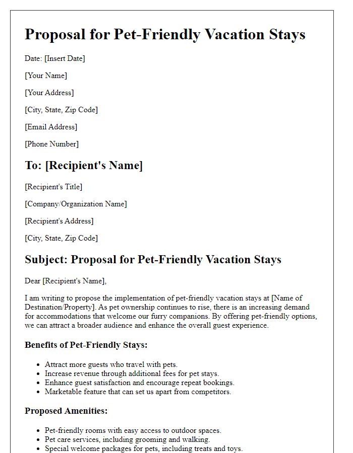 Letter template of a proposal for pet-friendly vacation stays