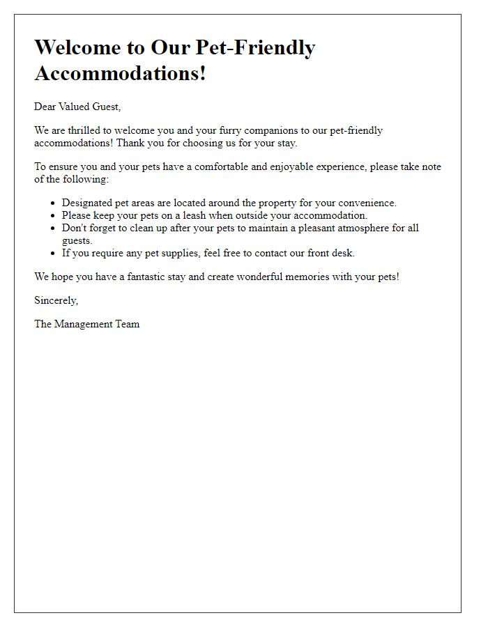 Letter template of a welcoming letter for pet-friendly accommodations