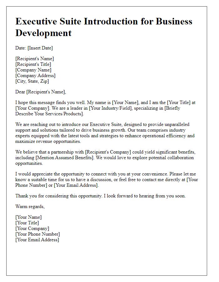 Letter template of Executive Suite Introduction for Business Development