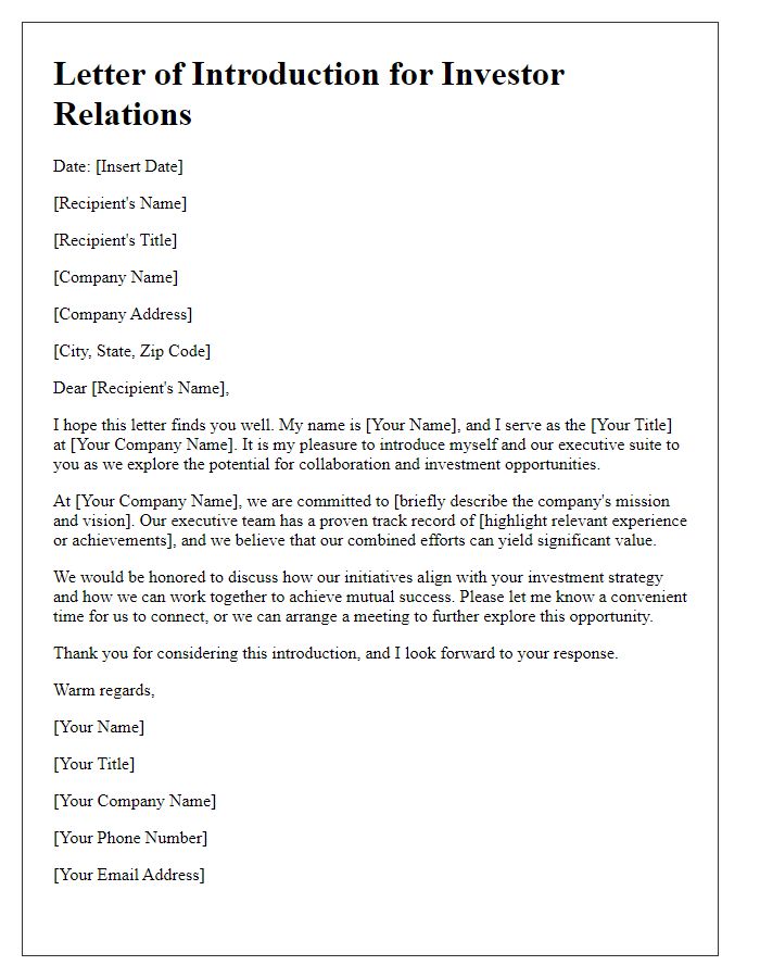 Letter template of Executive Suite Introduction for Investor Relations