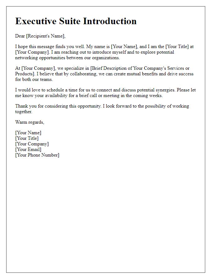 Letter template of Executive Suite Introduction for Networking Opportunities