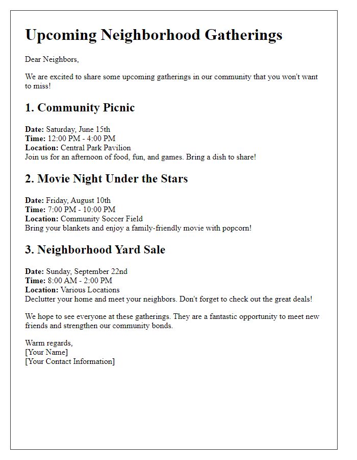 Letter template of best neighborhood gatherings to attend