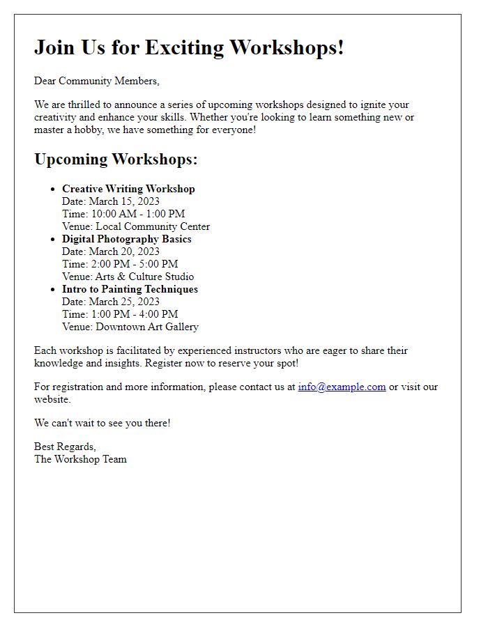 Letter template of exciting upcoming workshops in the area