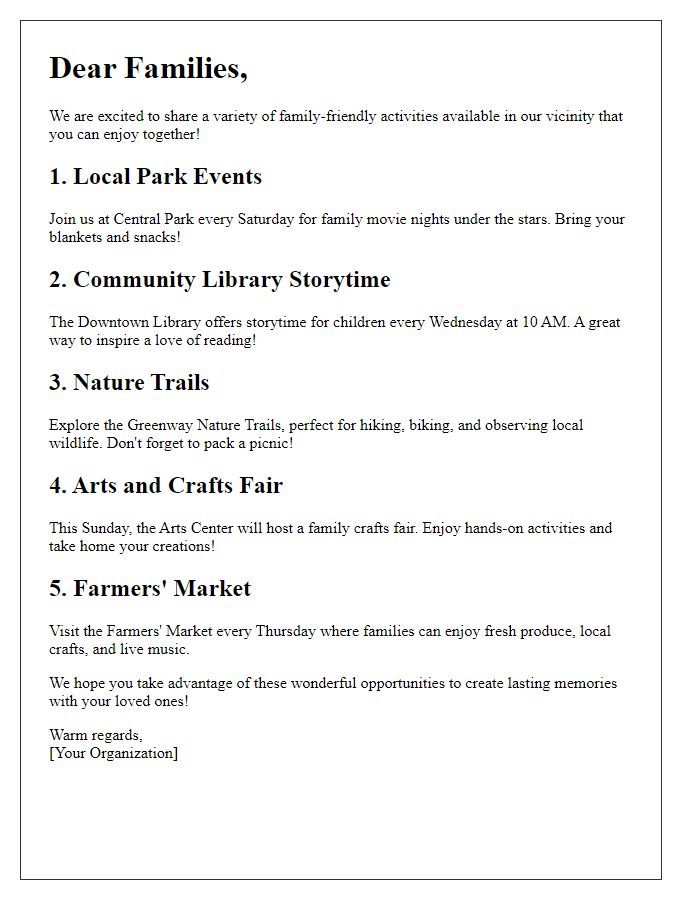 Letter template of family-friendly activities in the vicinity