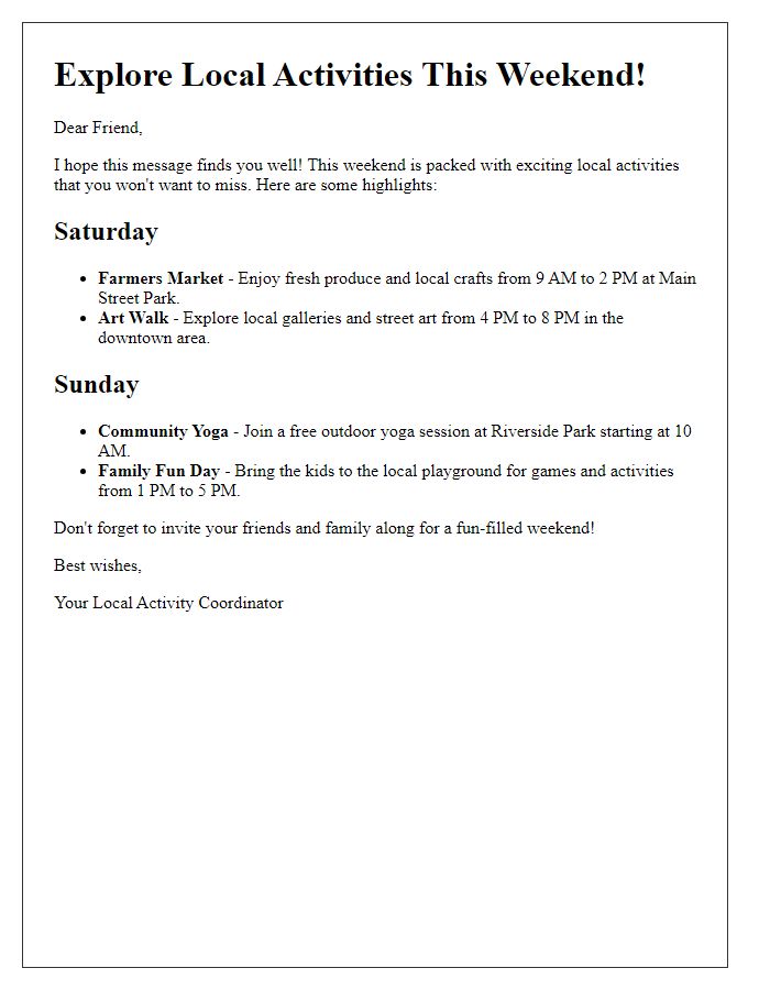 Letter template of local activities to explore this weekend