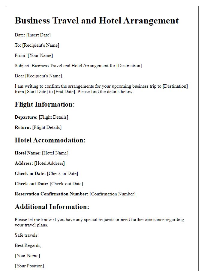 Letter template of business travel and hotel arrangement.