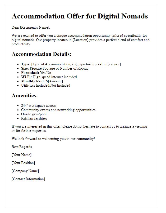 Letter template of digital nomad accommodation offer.