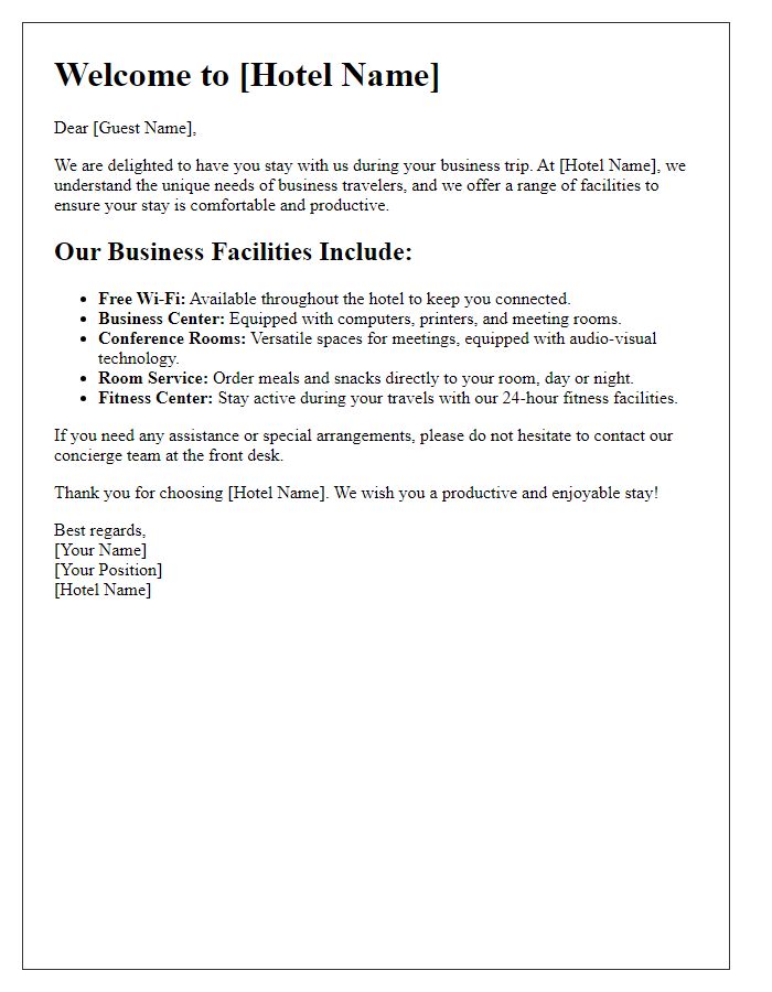 Letter template of hotel facilities for business travelers.