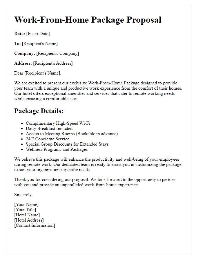 Letter template of hotel work-from-home package proposal.